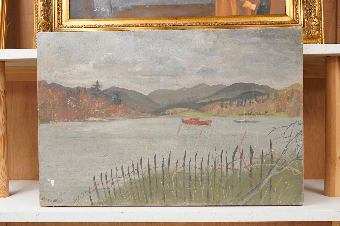 John Skelton (1925-2009), Mountainous lakeside view with boats, signed, oil on canvas, 40 x 61cm, unframed, Provenance: from the artist's family